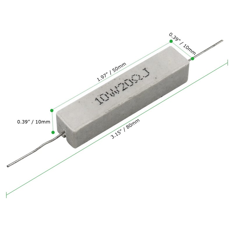 Dimlove 10W 20 5% Cement Resistor, 10 Pack, Axial Lead, White, 50x10x10mm, 15mm Lead, Ceramic, Cement, Metal, Through-Hole Mount - Image 3